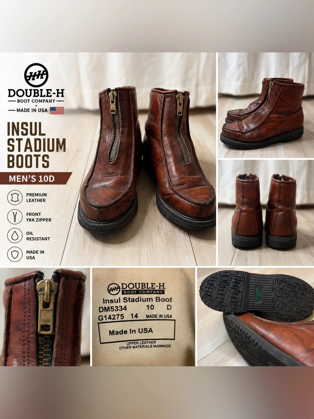 Double-H Insul Stadium Boots Men’s 10D Brown Leather Front Zip Made USA Oil Resi